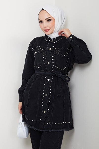 Hb Harma Time Butik Women's Pearl Detailed Belted Black Denim Suit