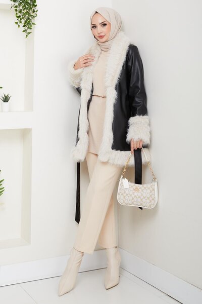 Hb Harma Time Butik Γυναικείο δερμάτινο μαύρο μπουφάν με επένδυση και γούνινη ζώνη