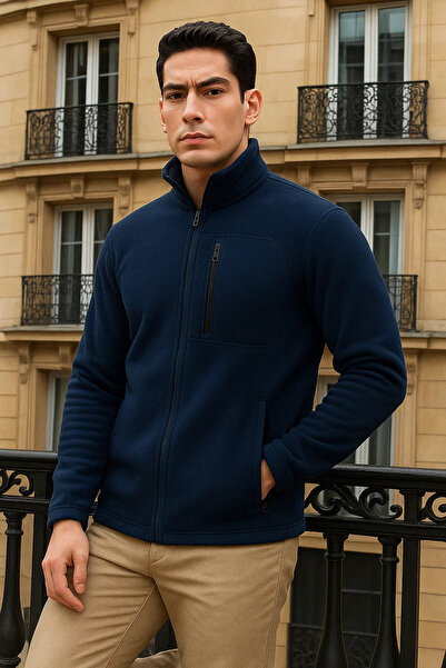 comstar Ανδρική χειμερινή βασική ζακέτα με φερμουάρ και τσέπες σε μπλε ναυτικό φλις