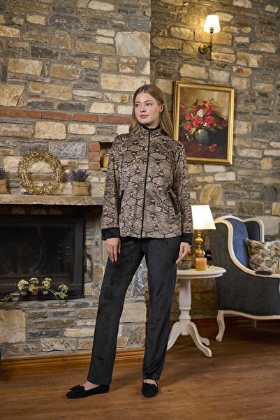 Cossy By Aqua Dik Yaka Fermuarlı Kadife 2'Li Takım CossybyAqua 26297 Kahve Desenli-46