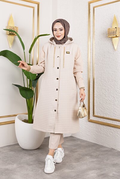 Moda MSK Hooded Quilted Beige Vest with Weapon Detail