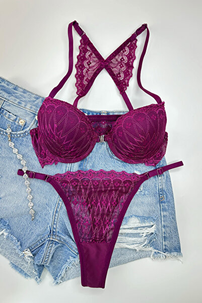 Morensa Front Opening Butterfly Detailed Supported Lace Lingerie Set Purple