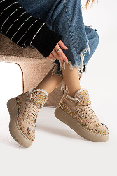 TubiBella Taş Detaylı İçi Yünlü Bej Renkli Kadın Bot