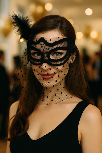 TOYFEST Siyah Tüllü Noktalı Tüylü Dantel Maske Parti Aksesuarı Kadın Gözlük Maskesi Şık Tasarım Ürün