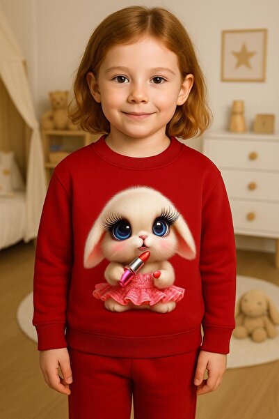 playwear Bisiklet Yaka Uzun Kollu RUJ TUTTAN TAVŞAN DESENLİ Şardonlu Sweatshirt3-4-5-6-7-8-9-10-11-12 YAŞ