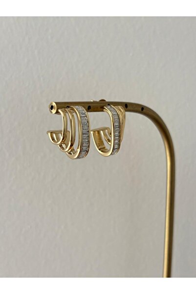 marsel aksesuar Triple Look Baguette Stone Detail Elegant Gold Steel Earrings