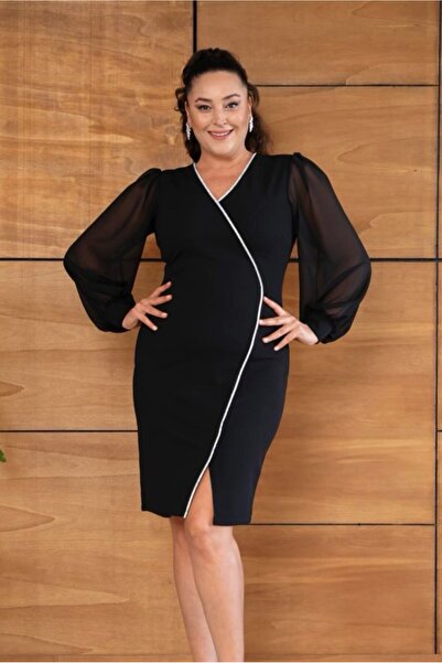 Şirin Butik Kadın Siyah Büyük Beden Sim Şerit Detaylı Abiye Elbise