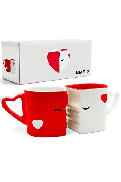 MIAMIO Set of 2 Coffee Mugs, MIAMIO, Kissing Mugs, gift for couples in love, ceramic, white/red, 300 ml