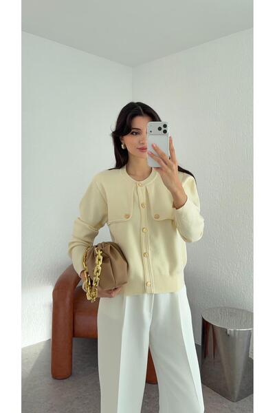 HAZELANNA Ecru Knitwear Jacket with Gold Buttons