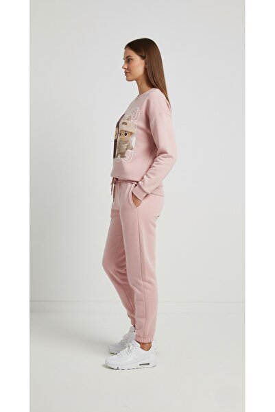 The Γυναικείο φούτερ από 100% βαμβάκι με μοτίβο αρκουδάκι με απαλή αφή - Casual Fit - Κρεμ/Ροζ