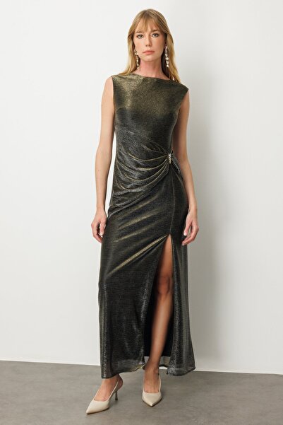 Ekol Parlak Kumaş Maxi Boy Abiye Elbise Vizon 5092-26k