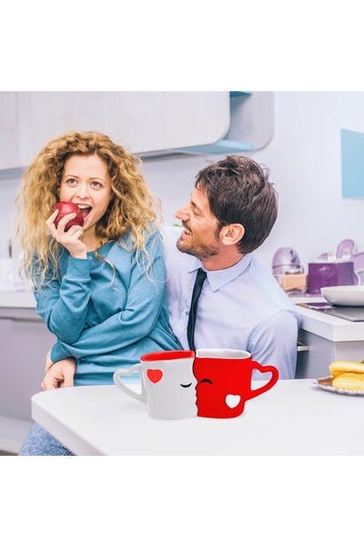 MIAMIO Set of 2 Coffee Mugs, MIAMIO, Kissing Mugs, gift for couples in love, ceramic, white/red, 300 ml