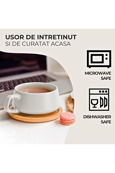 MIAMIO Set de 4 cești de cappuccino cu farfurie din bambus, colecția Luxe, ceramică, alb, 320 ml