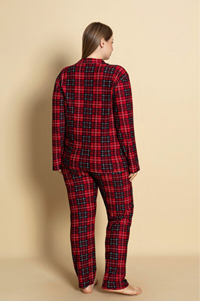 Farya Home Plus Size Cotton Plaid Checkered Long Sleeve Button down Shirt Pajama Set