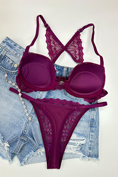 Morensa Front Opening Butterfly Detailed Supported Lace Lingerie Set Purple