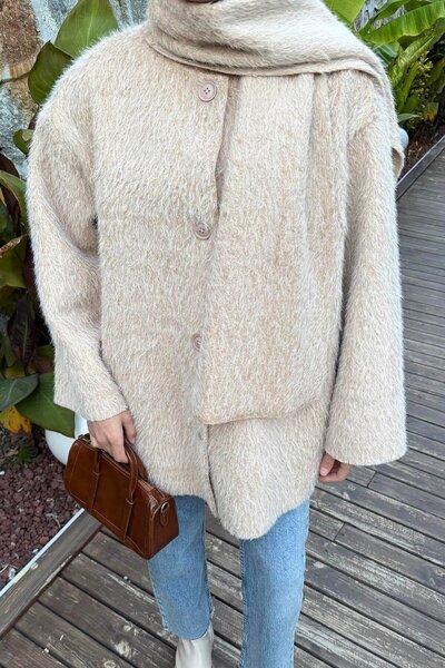 lamelif Plush Scarf Coat Beige