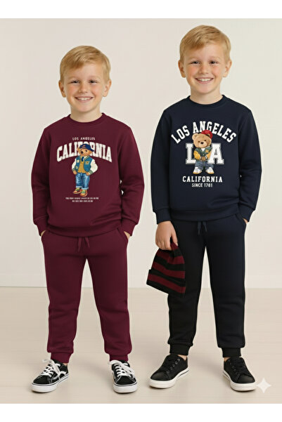 LİTTLE TORTOİSE Winter Fleece-Lined Boys' Swaetshirt Tracksuit Set Bottom Top 2Piece Set