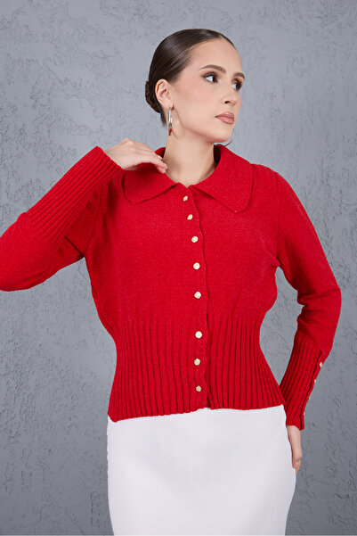 Moda Days Women's Red Shirt Collar Wide Buttoned Cuffed Chenille Velvet Knitwear Cardigan