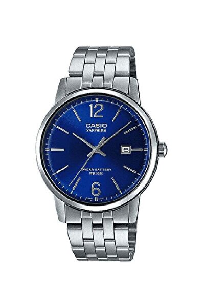 Casio ساعة رجالية أنالوج بمينا أزرق وسوار من الفولاذ المقاوم للصدأ وكريستال ا...