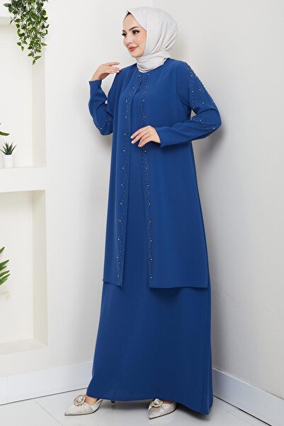 hafsamina Φόρεμα μητρικής με χάντρες και πέτρες μεγάλου μεγέθους Indigo HM2693