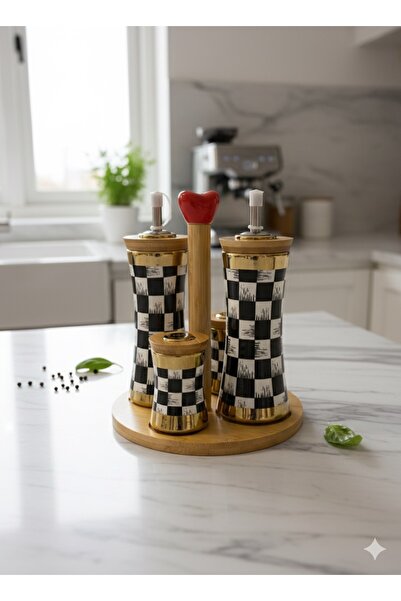 Paçi Oil Bottle, Vinegar Bottle, Salt Shaker Kitchen Set with Bamboo Stand and Gold Detail Checkerboard Pattern