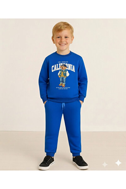 LİTTLE TORTOİSE Winter Fleece-Lined Boys' Swaetshirt Tracksuit Set Bottom Top 2Piece Set