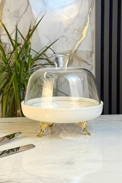 MAY HOME Gold Footed Porcelain Cake Pan & Pastry Stand with Glass Lid