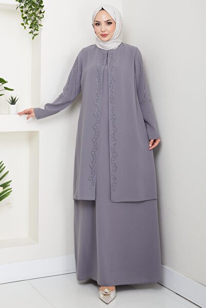 hafsamina Plus Size Beaded Stones Mother Dress Gray Hm2693