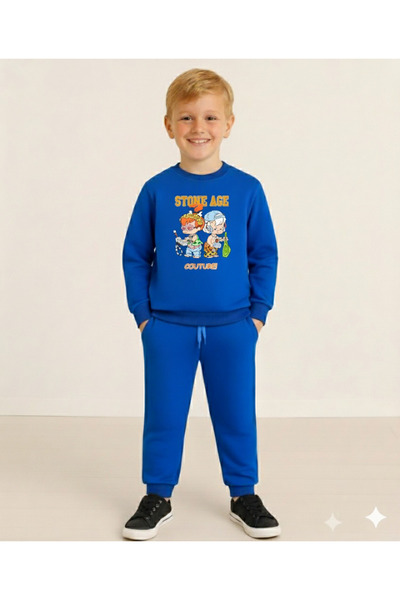 LİTTLE TORTOİSE Winter Fleece-Lined Boys' Swaetshirt Tracksuit Set Bottom Top 2Piece Set