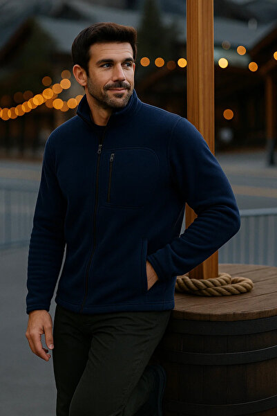 comstar Men's Zippered Thick Winter Trendy Navy Blue Fleece Jacket