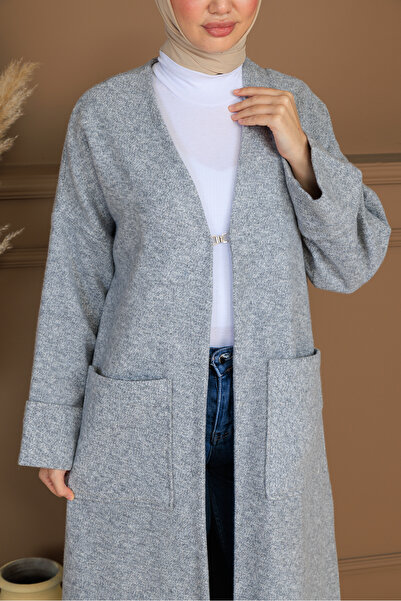 Eliva Women's Gray Woven Imported Cashmere Hijab Cardigan Coat