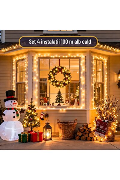 GARDEON Set 4 Instalatii Liniare Gardeon® Tip Rola, 4x100m, LED Alb Cald, 8 Jocuri de Lumini, IP44, 220V