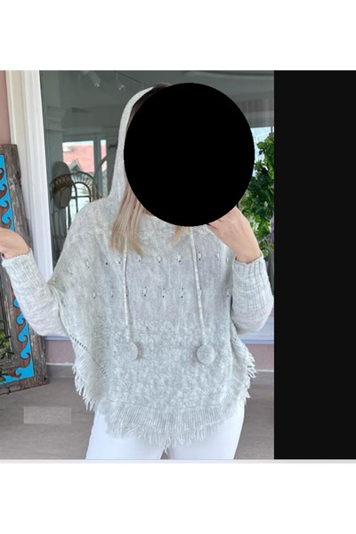 JUSTA Women's Hooded Pompom Detail Poncho Thin Knitwear Sweater Plus Size Matching Oversized