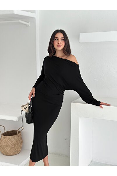 FEWTİNT Blouse with Asymmetrical Neckline, Long Sleeves with Cuffs and Open Shoulders. Elastic Waist Midi Length Skirt.