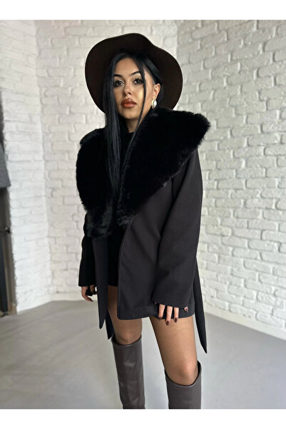 moneta boutique Γυναικείο παλτό με γούνινο γιακά με επένδυση από κασμίρ