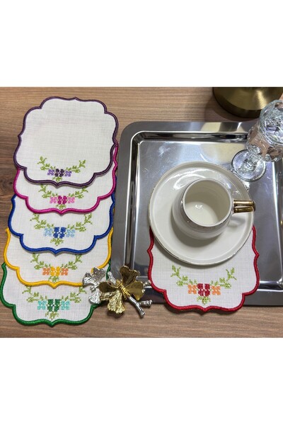 Veraluxe Home Kokteyl Peçetesi 6 Adet Keten Kanaviçe işlemeli ÖZEL LEKE TUTMA...