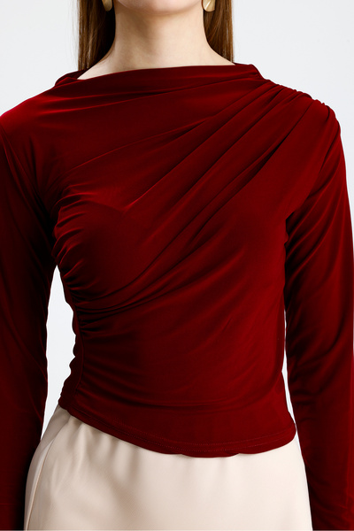 de zuzuu fashion Sandy Fabric Cross Ruched Detail Long Sleeve Blouse