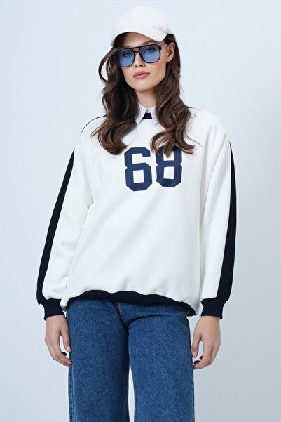 VAGGON Γυναικείο φούτερ Ecru Crew Neck 3 Thread O oversized B με τύπωμα Vs01491