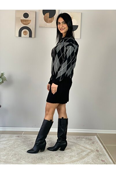 YusGos Women's Diamond Patterned Skirted Top and Bottom Knitwear Set