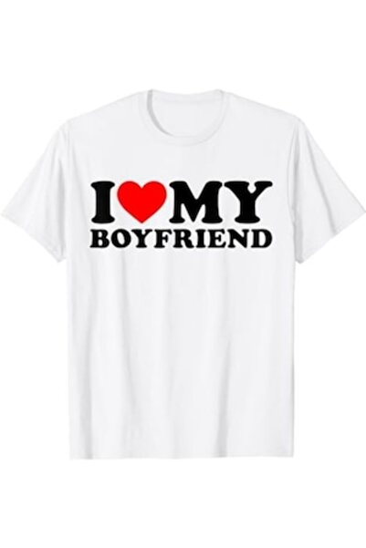 OEM Women's T-shirt, couple, hand-customized with vinyl, I LOVE MY BOFRIEND, white
