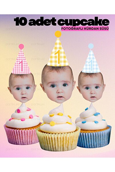 partikuki Pastel Mavi Pembe Ekose Desenli Fotoğraflı Kürdan Cupcake Süsü Doğu...