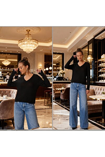 STYLENEST Women's Black V-Neck Corded Fabric Knitted Blouse - 100% Cotton Stretch Fabric