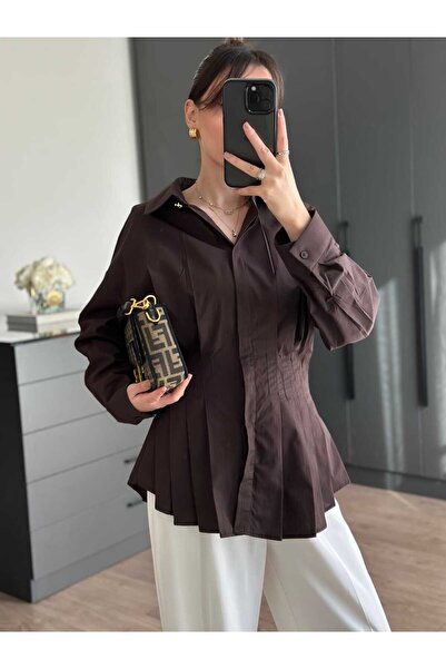 Tugen Co Brown Shirt with Pleated Detail and Fitted Waist