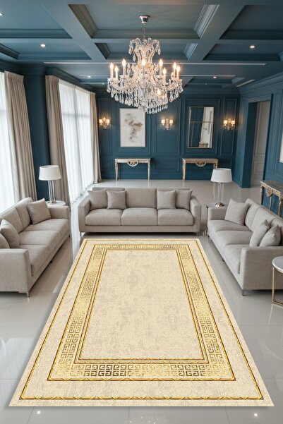 Kessy Home Studio Aris Bej Desenli Dijital Baskı Salon Halısı Kaymaz Taban Ma...