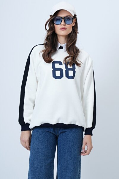 VAGGON Γυναικείο φούτερ Ecru Crew Neck 3 Thread O oversized B με τύπωμα Vs01491