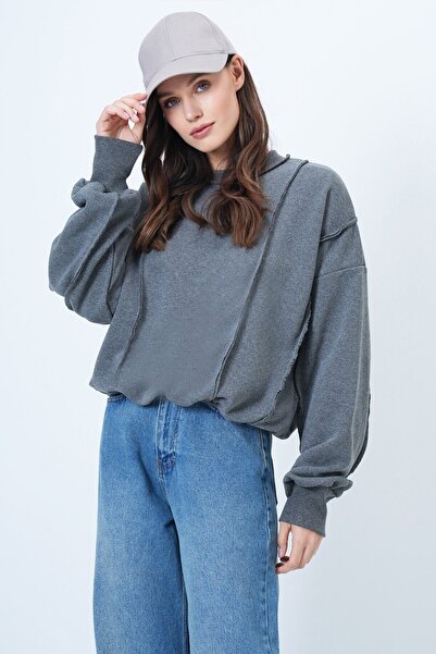 VAGGON Women's Anthracite Stitching Detailed Oversized Design Sweatshirt Prmx14662