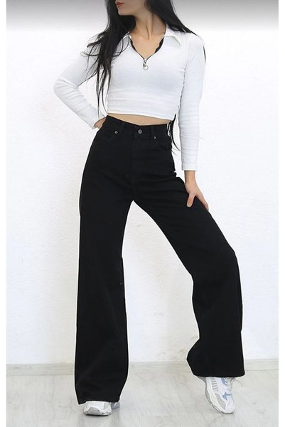 JAXEN Bt12235151 Jeans 90's Wide Leg Stretch Fabric Women Black Super High Waist Wide Leg Denim Jeans Pants