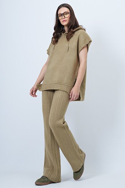 VAGGON Set de tricotaje pentru femei, kaki cu glugă fără mâneci și pantaloni cu talie elastică Vs01461