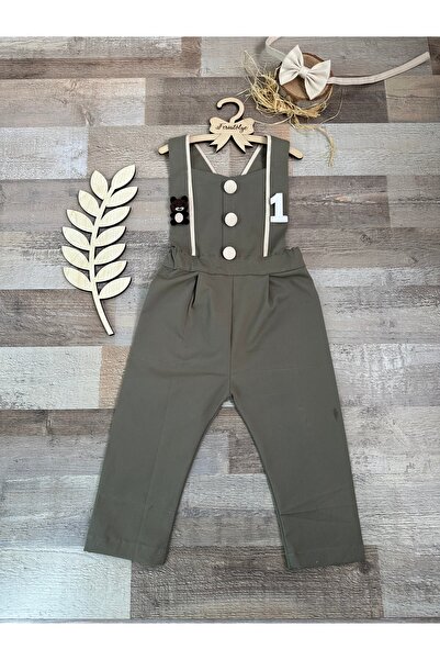 Feriatolye Gray and Cream Detailed Custom-Made Baby Boy Teddy Bear Concept Salopet Bow Tie Set