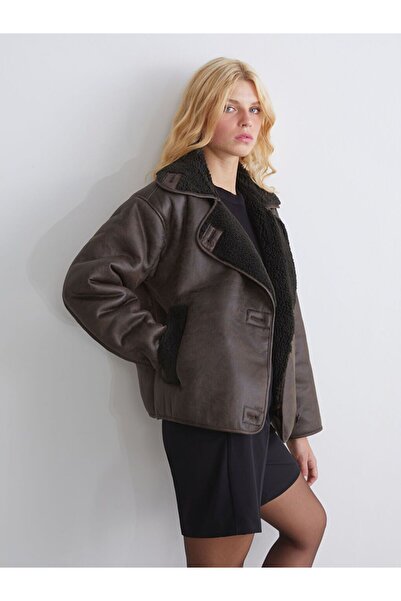 LC Waikiki Xside Brown Plush Biker Collar Women's Suede Coat